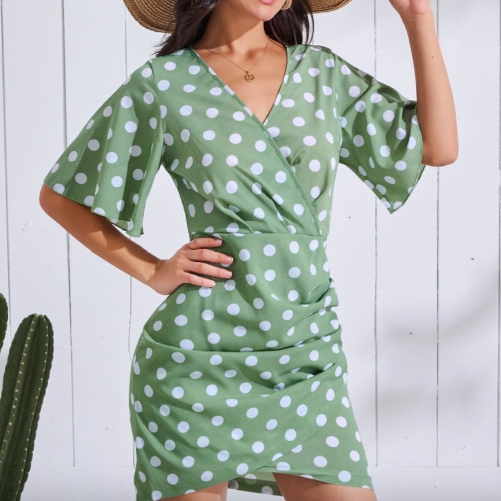 LAST ONE 🔥 Polka Dot  Ruched Detail Dress Green
